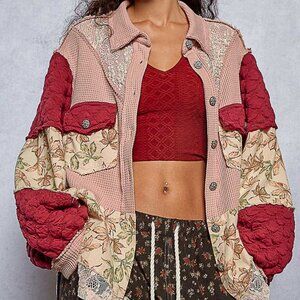 POL Boho Patchwork Jacket: Oversized Quilted Floral Lace Cottagecore Coat